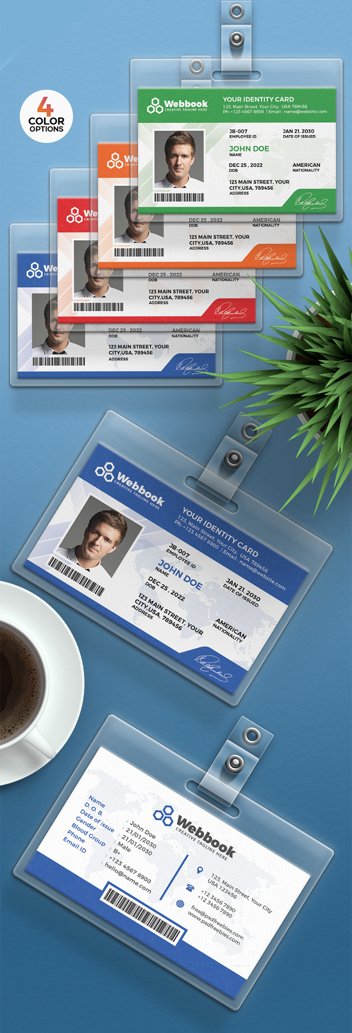 Creative ID Card PSD Template Free Download (in 4 Colors)