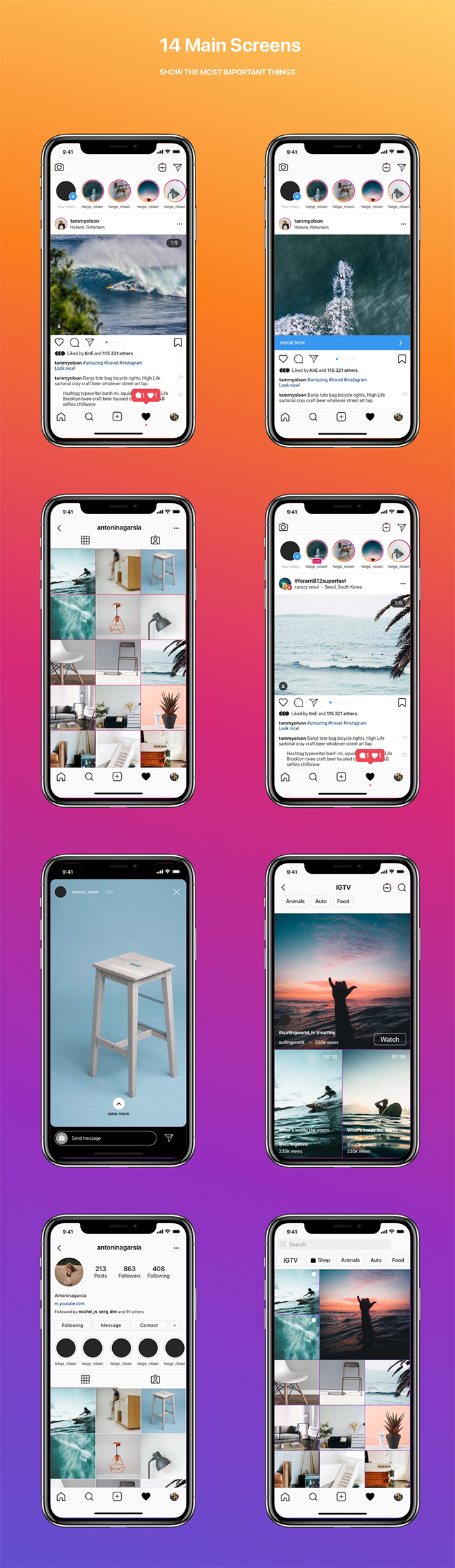 Instagram UI Kit 2018 - 9 Screens - FREE PSD & Sketch 