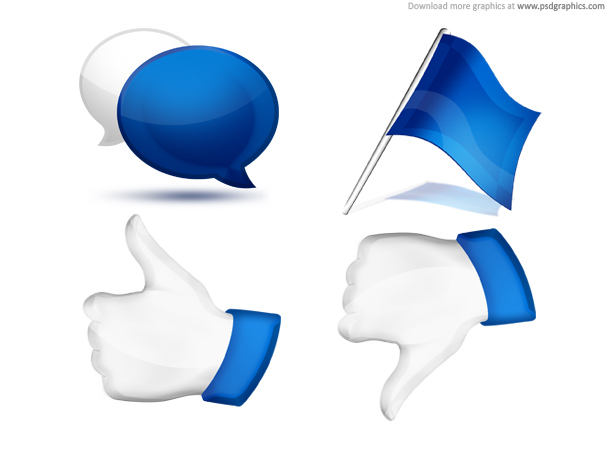 Comment, flag, thumbs up and down, social icons set  PSD