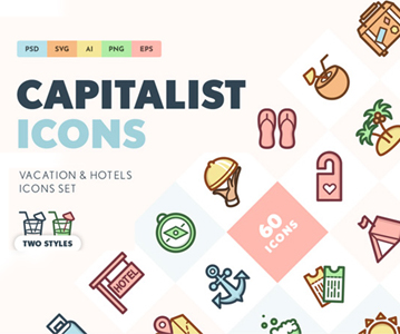 Free Download 60 Creative Flat Vector Vacation & Hotels Icons Set (2 Styles)